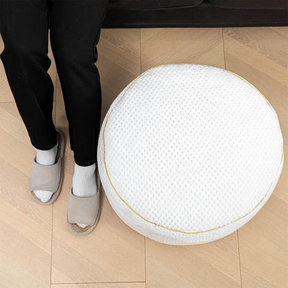 Round Stuffed Pouf Ottoman 20x20x12 Inches Faux Fur Ottoman Foot Rest Under Desk Floor Pouf Foot Stool Poof for Living Room, Bedroom Small Furniture (White)