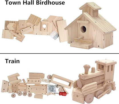 Kraftic Woodworking Building Kit for Kids and Adults, 2 Educational DIY Carpentry Construction Wood Model Kit Toy Projects for Boys and Girls - Build a Wooden Town Hall Birdhouse and Train
