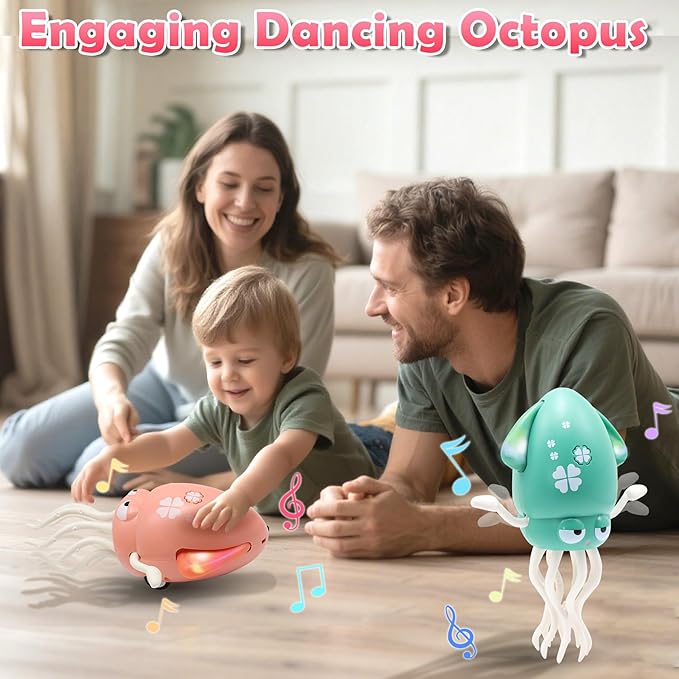 Pbooo Magic Dancing Octopus Toy, Electric Crawling with LED Lights and Music, Rechargeable Music Squid Baby Toy for 3-6 Year Olds, Tummy Time and Toddler Walking Toy, Birthday Gift, Pink