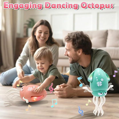 Pbooo Magic Dancing Octopus Toy, Electric Crawling with LED Lights and Music, Rechargeable Music Squid Baby Toy for 3-6 Year Olds, Tummy Time and Toddler Walking Toy, Birthday Gift, Pink