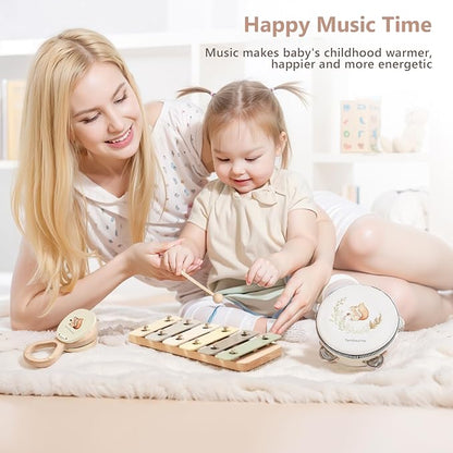 Baby Musical Instruments Set Wooden Montessori Musical Toys for Toddlers Neutral Colors Percussion Instruments Set with Modern Boho Xylophone Tambourine Educational Musical Toys for Preschool Kids