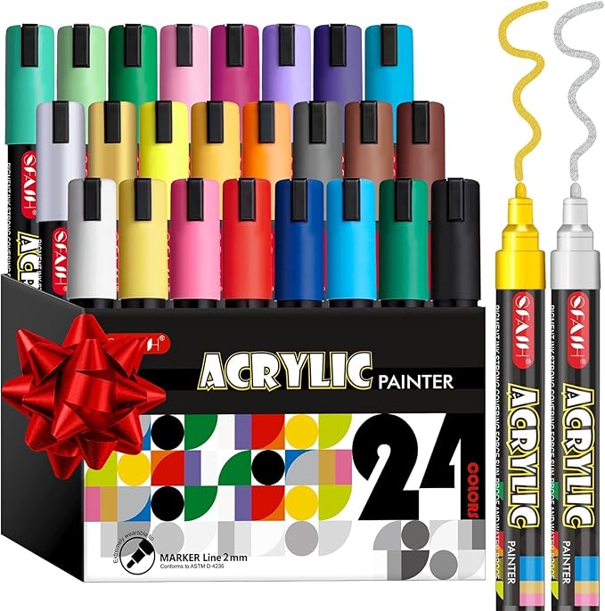 SFAIH Acrylic Creative Markers - 3mm Replaceable Nibs 24 Colors, Large Ink Capacity, High Coverage, Non-Bleeding Water-Based Ink, Drawing Markers for Art Supplies, Wood, Fabric, Rock, DIY Easter Craft