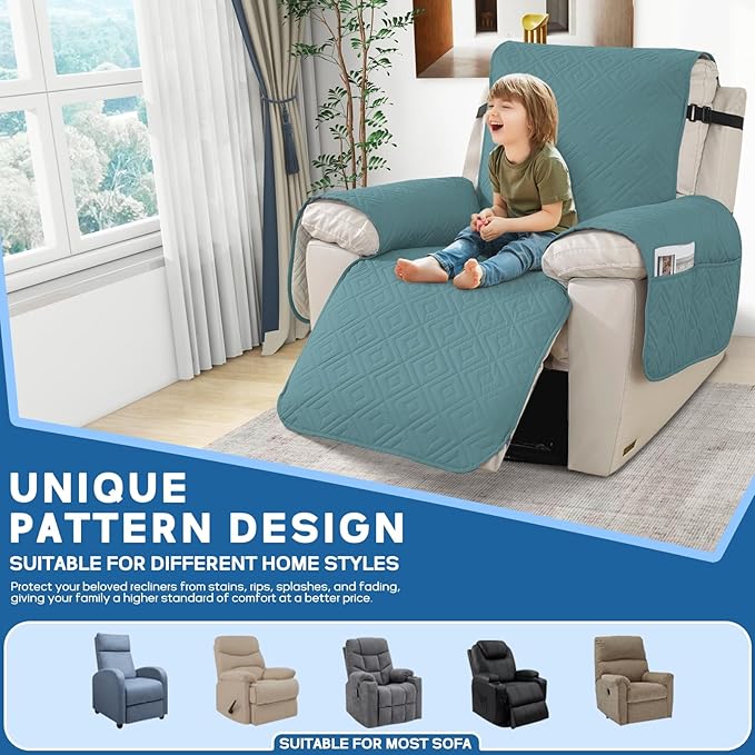 XINEAGE 100% Waterproof Recliner Cover, Non Slip Recliner Chair Cover with Elastic Band, Washable Recliner Slipcover with Storage Pockets for Kids, Pets (Light Blue, 23")