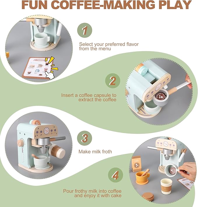 Kids Wooden Coffee Maker Toy, Wooden Play Kitchen Appliances & Accessories Toy for Kids Toddlers, Gift for Girls Boys