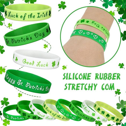 48 Pieces St Patrick's Day Rubber Wristbands St Patrick's Day Accessories Shamrock Bracelets Green Shamrock Irish Bracelets St. Patrick's Day Party Favors Supplies