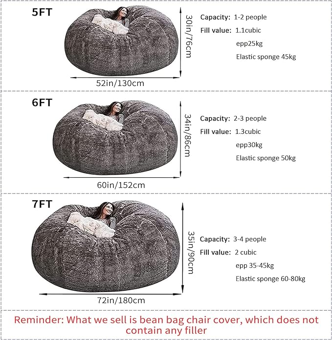 Big Huge Giant Bean Bag Chair for Adults, (No Filler) Bean Bag Chairs in Multiple Sizes and Colors Giant Foam-Filled Furniture - Machine Washable Covers, Double Stitched Seams (Pink,5FT)