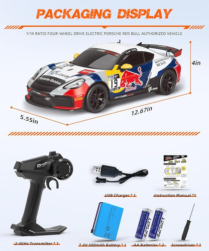 Porsche Remote Control Car, Officially Licensed Porsche 718 Cayman GT4 Toy Car 1:14 Red Bull Porsche RC Car Birthday Gift for Boys,Girls,Teens and Adults
