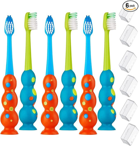 Trueocity Kids Toothbrush 6 Pack - Soft Contoured Bristles - Child Sized Brush Heads (3-10 Year Old) - Suction Cup for Fun & Easy Storage - Girl & Boy Set (6-Pack, Blue & Orange)