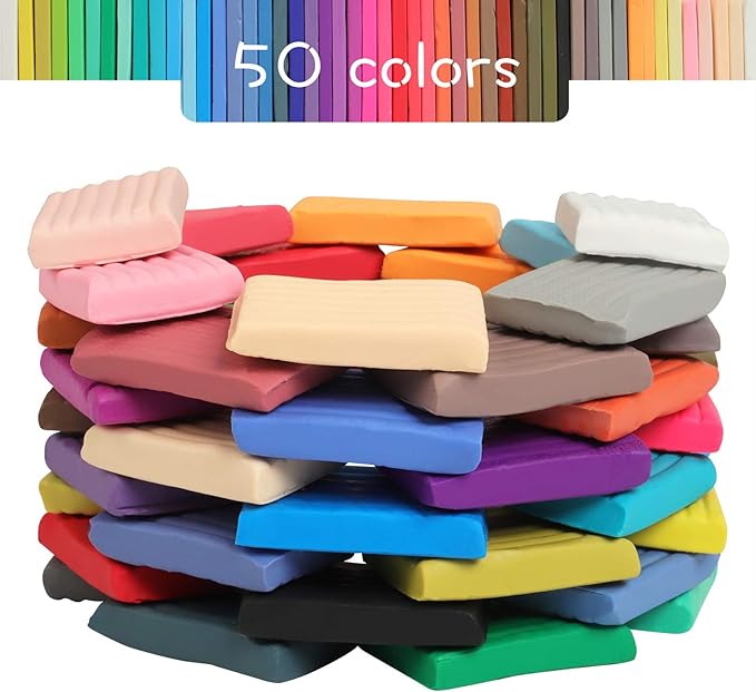 Polymer Clay 50 Colors, Modeling Clay for Kids DIY Starter Kits, Oven Baked Model Clay, Non-Sticky Molding Clay with Sculpting Tools, Gift for Children and Artists (50 Colors A)