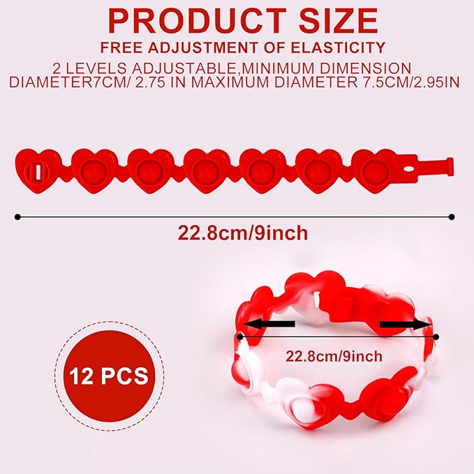 12pcs Valentine Heart-shaped Rubber Wristbands, Valentine's Day Pink Silicone Bracelets Red Sensory Wristband Pop Fidget Bracelet for Kids Students Party Favors Classroom Gift Exchange
