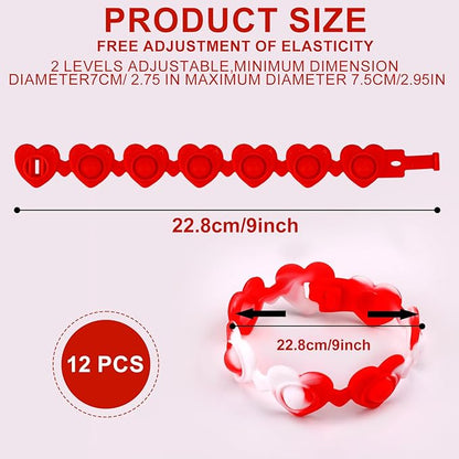 12pcs Valentine Heart-shaped Rubber Wristbands, Valentine's Day Pink Silicone Bracelets Red Sensory Wristband Pop Fidget Bracelet for Kids Students Party Favors Classroom Gift Exchange