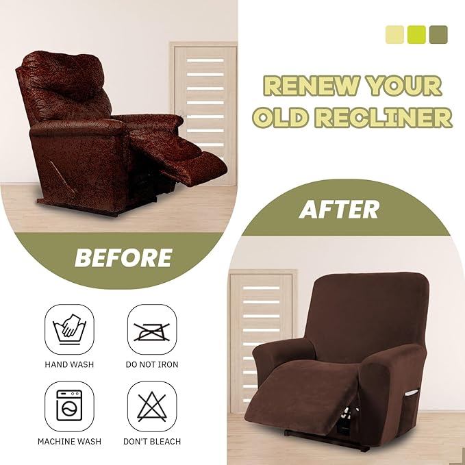 AZON Velvet Stretch Recliner Chair Cover,1-Piece Washable Recliner Couch Cover with Elastic Furniture Protector for Pets, Kids(Recliner, Chocolate)