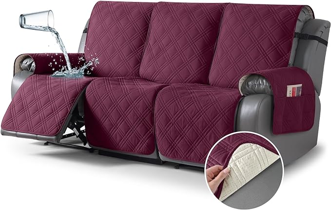 TAOCOCO 100% Waterproof Recliner Sofa Cover, Non Slip Split Couch Covers for Reclining Couches with Elastic Straps, Washable Reclining Sofa Cover Furniture Protector for Kids Pets(3 Seater, Wine)