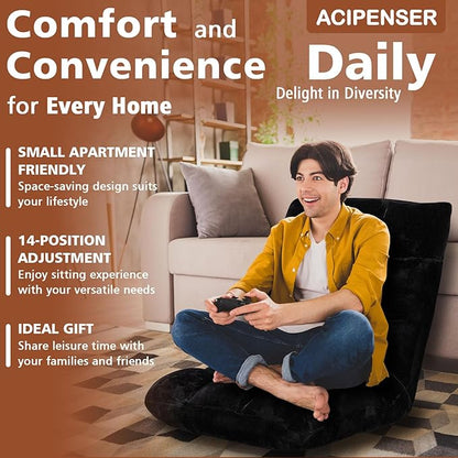 Folding Floor Chair 14-Position Cushioned Adjustable Floor Lazy Sofa Chair w/Breathable Cotton & Skin-Friendly Flannel for Adults & Kids Ideal for Reading Meditating, Black