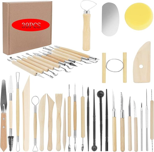 Pottery Supplies Clay Tools for Sculpting, Yagugu 39Pcs Basic Wood Ceramics Carving Polymer Clay Tool Supplies kit Supplies for Kids Adults and Artists Modeling Shaping Building for Art&Craft Gifts