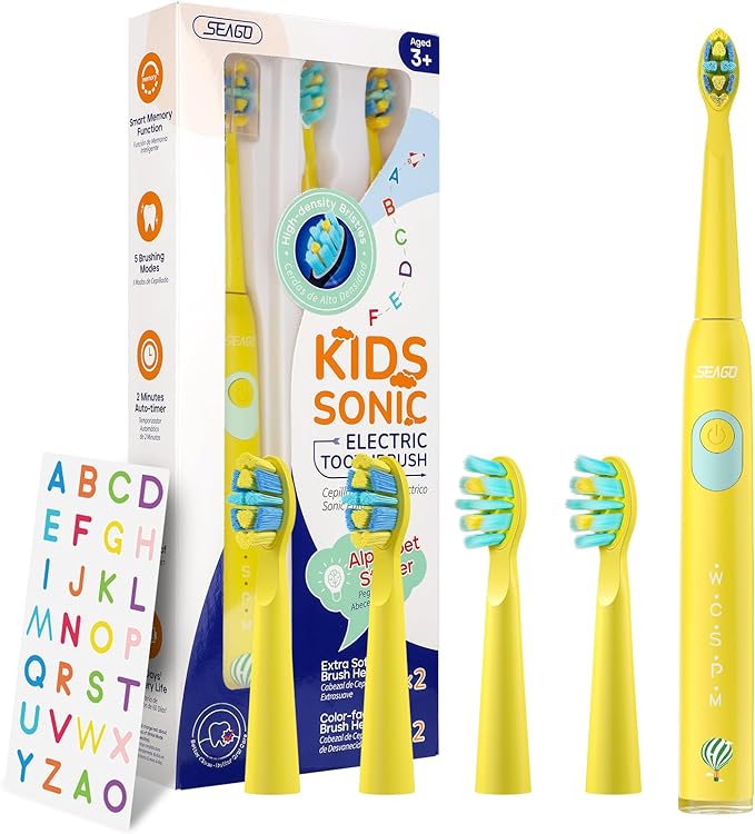 SEAGO Kids Electric Toothbrush, Sonic Soft Bristle Rechargeable Toothbrushes with DIY Stickers, 5 Modes, Includes 4 Replacement Brush Heads, Ages 3 to 12 Years Old (Yellow)