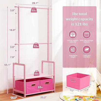Kids Clothing Rack Bamboo with 2 Storage Baskets and 2 Adjustable Hanging Rods,Child Garment Holder with Shelf, Dress up Stand for Playroom,Toddlers Bedroom (Pink)