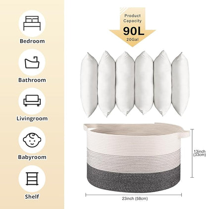 OIAHOMY 90L Blanket Basket for Living Room, Large Basket 23" x 23" x 13" with Handle, Laundry Hamper for Blankets, Pillows, Toy Storage for Kids, Dogs - Black and White