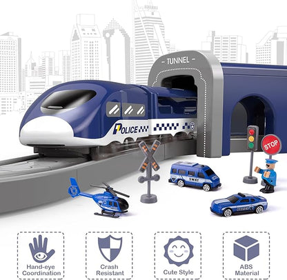 Train Sets for Toddlers, 66 Pcs Trains Toy with Battery Operated & Tracks (Magnetic Connection), Compatible with Thomas, Brio, Christmas Toy Gifts for 3 4 5 6 7 8 Years Old (Police)