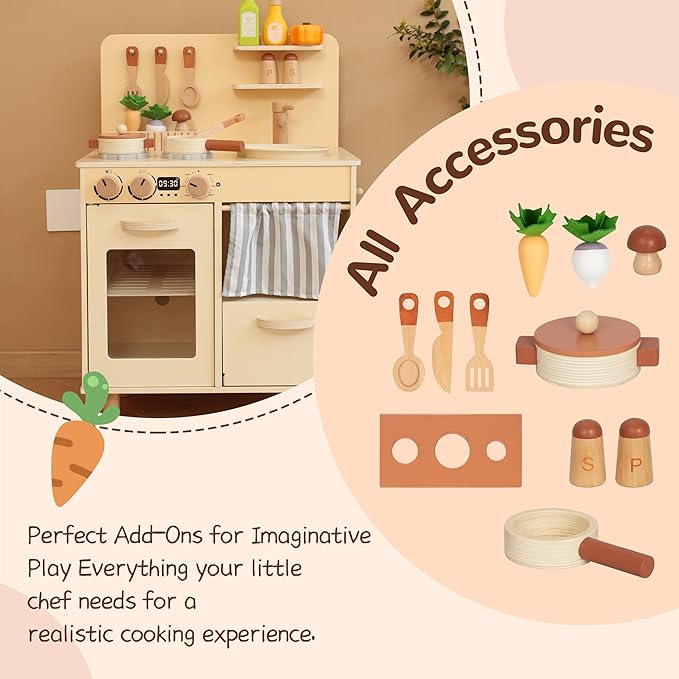 Play Kitchen for Kids, Classic Wooden Kitchen Playset with Food Accessories Set Ideal for Creative Pretend Play, Suitable for Toddlers, Girls & Boys Ages 3+