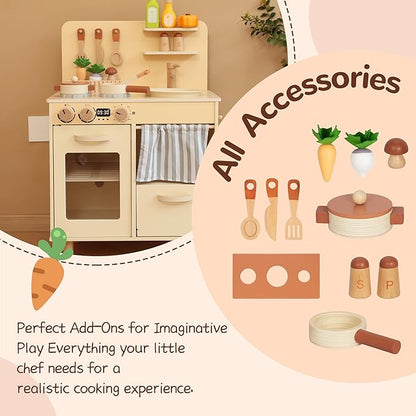 Play Kitchen for Kids, Classic Wooden Kitchen Playset with Food Accessories Set Ideal for Creative Pretend Play, Suitable for Toddlers, Girls & Boys Ages 3+