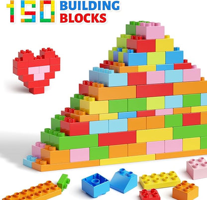 burgkidz 150PCS Jumbo Building Blocks with Clear Storage Box & Baseplate Lid - STEM Educational Toys for Toddlers 3+ Years, Compatible with Major Building Systems