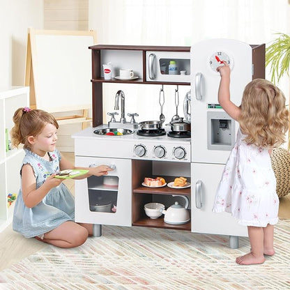 KOTEK Play Kitchen Set for Kids, Wooden Toddler Kitchen Playset with Water Dispenser w/Lights Sounds, Stove, Oven, Fridge, Microwave & Sink, Gift Chef Pretend Play Toy for Girls Boys (Walnut+White)