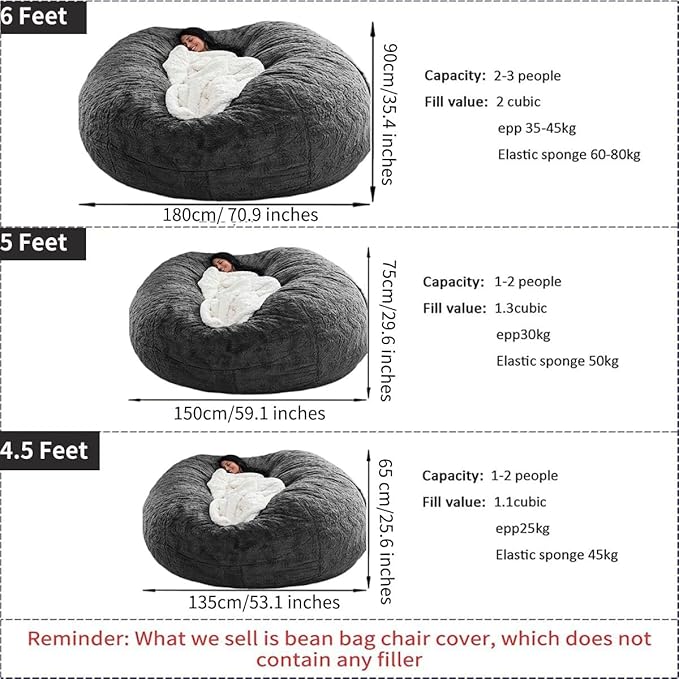 Round Giant Bean Bag Chair’s Inner Liner for Adults Kids (Without Bean Bag Cover and Filling), Inner Liner Only (6FT)