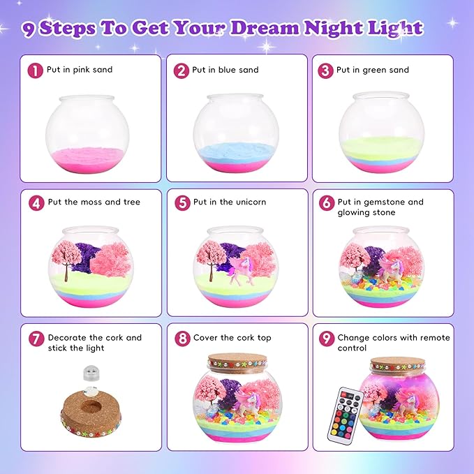 Unicorn Light-Up Terrarium Kit for Kids - Multicolor LED Night Light Unicorn Birthday Gifts for Girls - Unicorn Toys for Girls Ages 4-6 7 8 9 10 Year Old - Arts and Crafts for Girls
