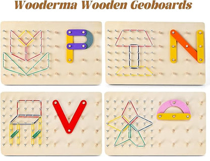 Wooden Geoboards, Wooden Letter Number Construction Puzzle Board, Montessori Toys for Kids with 20 Pattern Cards, 50 Rubber Bands to Figures and Shapes, Brain Teaser STEM Toy（9.5*6 *0.6in）