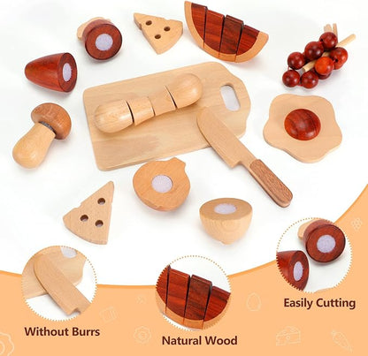 WHOHOLL Wooden Play Food, Toddler Cutting Play Food Sets for Kids Kitchen, Velcro Fake Food Fruit Toys for Pretend Play Kitchen, Montessori Toy Kitchen Accessories for Girls Boys Gifts