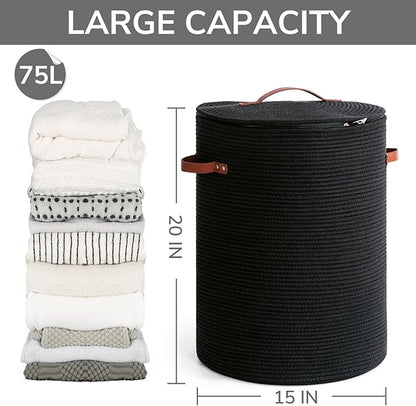 CHICVITA Tall Laundry Basket with Lid, Large Laundry Hamper for Bedroom, Laundry Bin for Clothes, Blankets, Toys, Decorative Woven Basket for Living Room, 15 x 20 inches, Black
