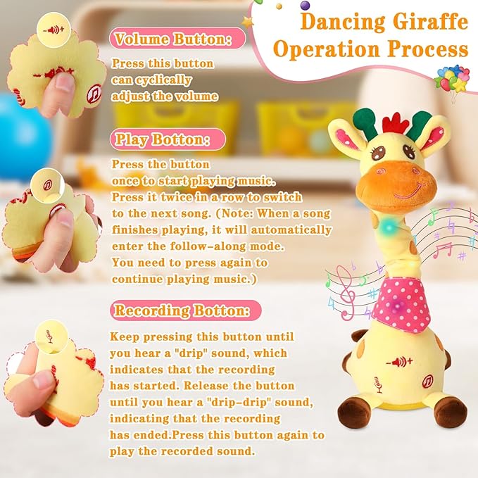 Dancing Talking Giraffe Toy for Baby Girl & Boy, Interactive Stuffed Animal Baby Toy Repeating What You Say, Glowing Musical Giraffe Gifts for Toddlers 1-3 Years Old, for Kids (Giraffe)