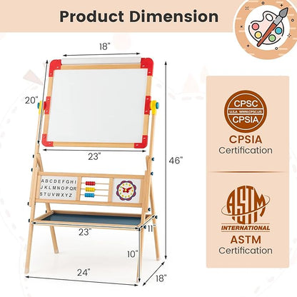 HONEY JOY Easel for Kids, Rotatable Double-Sided Wooden Toddler Easel w/Magnetic Chalkboard & White Board, Paper Roll, Painting Accessories, Dry Erase Board, Art Easel for Boys Girls