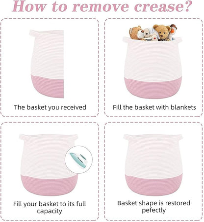 Large Cotton Rope Basket, Woven Storage Basket for Toy, Laundry and Blanket Organizer, Round Hamper Basket with Handles for Kid's Room 17.7"x16.9"