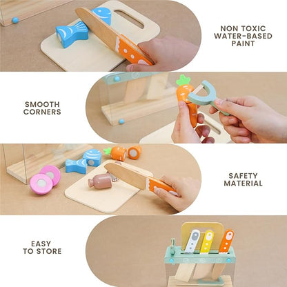 Play Kitchen Accessories, Wooden Play Food Set, 11Pcs Kids Kitchen Accessories with Cutting Board and Knife Set, Kitchen Pretend Play Gifts for 3+ Girls Boys