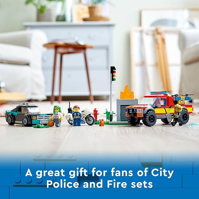 LEGO City Fire Rescue & Police Chase Building Set 60319 - Kid's Fire & Police Build, Featuring 3 Minifigures, Emergency Truck, Patrol Car, Motorcycle Toys, Gifts for Boys and Girls Age 5+ Years Old
