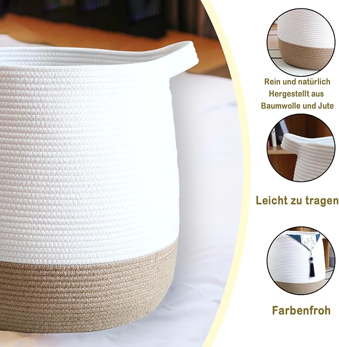 Large Cotton Rope Basket, Woven Storage Basket for Toy, Laundry and Blanket Organizer Basket, Round Hamper Basket with Handles for Kid's Room 17.7"x16.9"
