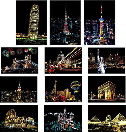 Georgie Porgy Scratch Paper Art Set DIY Arts and Crafts Kits for Kids Adults Magic Rainbow Scratch Postcards for Christmas Birthday Gift with Scratching Tools Kit (Classical Ancient Modern City)