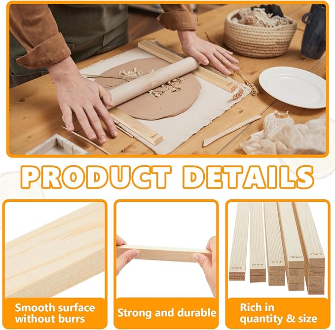 Sasylvia 20 Pcs Pottery Rolling Pin Guides Wood Teaching Rolling Mud Stick Guide Set Polymer Clay Depth Guide Pottery Tools Clay Mudboard Tools (5 Size,Wood Color)