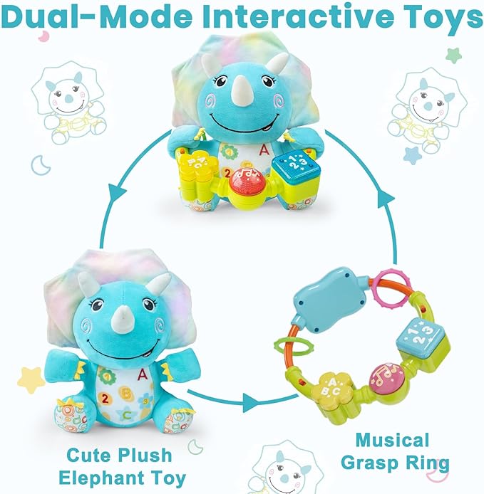 Holaxander Baby Dino Musical Stuffed Animals Toy with Light-Up Music & Crinkle Sound Paper,Infant Bilingual Early Learning Education Toys,Tummy Time Toys for 0-3-6-12+ Months Boy Girl