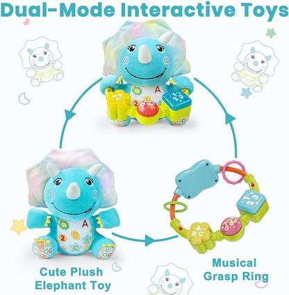 Holaxander Baby Dino Musical Stuffed Animals Toy with Light-Up Music & Crinkle Sound Paper,Infant Bilingual Early Learning Education Toys,Tummy Time Toys for 0-3-6-12+ Months Boy Girl