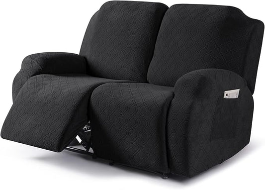VANSOFY Recliner Cover, 2-Pieces Stretch Reclining Couch Cover with Pockets Loveseat Sofa Slipcovers Soft Washable Furniture Protector for Dogs Cats(Black)