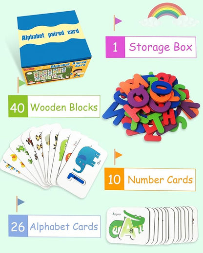 Gojmzo Number and Alphabet Flash Cards for Toddlers 3-5 Years, ABC Montessori Educational Toys Gifts for 3 4 5 Year Old Preschool Learning Activities, Wooden Letters Animal Flashcards Puzzle Game
