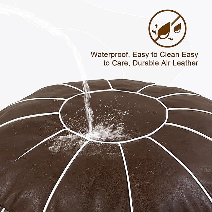 Louis Donné Unstuffed Pouf Ottoman Cover, Handmade Moroccan Foot Stool for Foot Rest, Round Faux Leather Small Bean Bag with Storage Solution, Floor Pouffe Footstool for Living Room, Bedroom Balcony