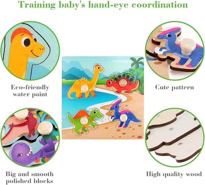 Wooden Peg Puzzles for Toddlers 1-3, Kids Educational Preschool Peg Puzzle Toy Ages 2-4, Set of 4 Dinosaur Toddler Puzzles, Ideal Gift for Ages 1 2 3 4 Boys and Girls