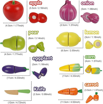 Sundaymot Play Kitchen Accessories, Wooden Play Food, Cooking Set with Stainless Steel Cookware Pots and Pans Utensils, Apron, Chef Hat, Cutting Food Kitchen Playset for Girls and Boys