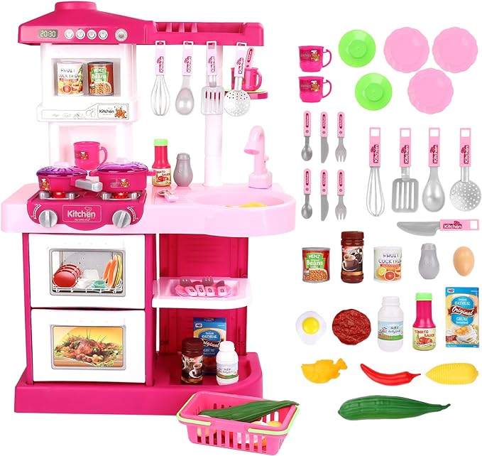 deAO Kitchen Playset Toy Pretend Food with Sounds and Lights Role Playing Game Pretend Food Playset for Toddlers,Pink