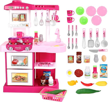 deAO Kitchen Playset Toy Pretend Food with Sounds and Lights Role Playing Game Pretend Food Playset for Toddlers,Pink