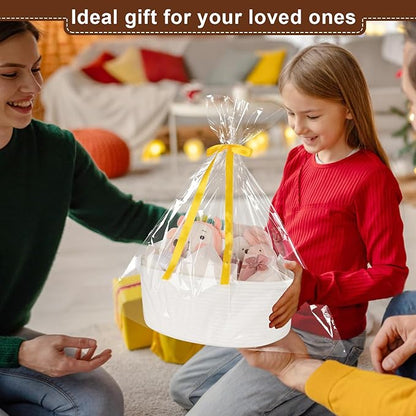 OIAHOMY Gift Basket with Handle, 15.4"x 11.4"x 6.7" Woven Basket with Gift Bag, Ribbon and Wrap Tissue Paper, Nursery Bins Empty to Fill with Towels, Baby, Pet Toy Organizer - White